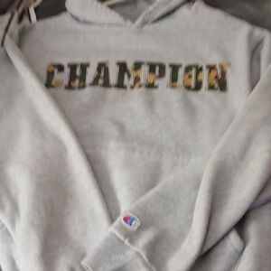 Champion Light Gray Hoodie with Camo Lettering